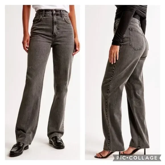 Abercrombie Fitch 90s Straight Ultra High Rise Jeans Washed Black Size 16 Long - Picture 1 of 6